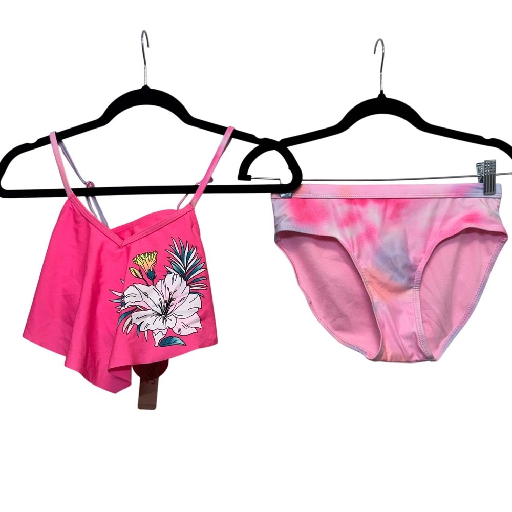 Justice Girls Bikini Swimsuit XL 16/18 Pink Floral Tie Dye Sun Reactive Tropical